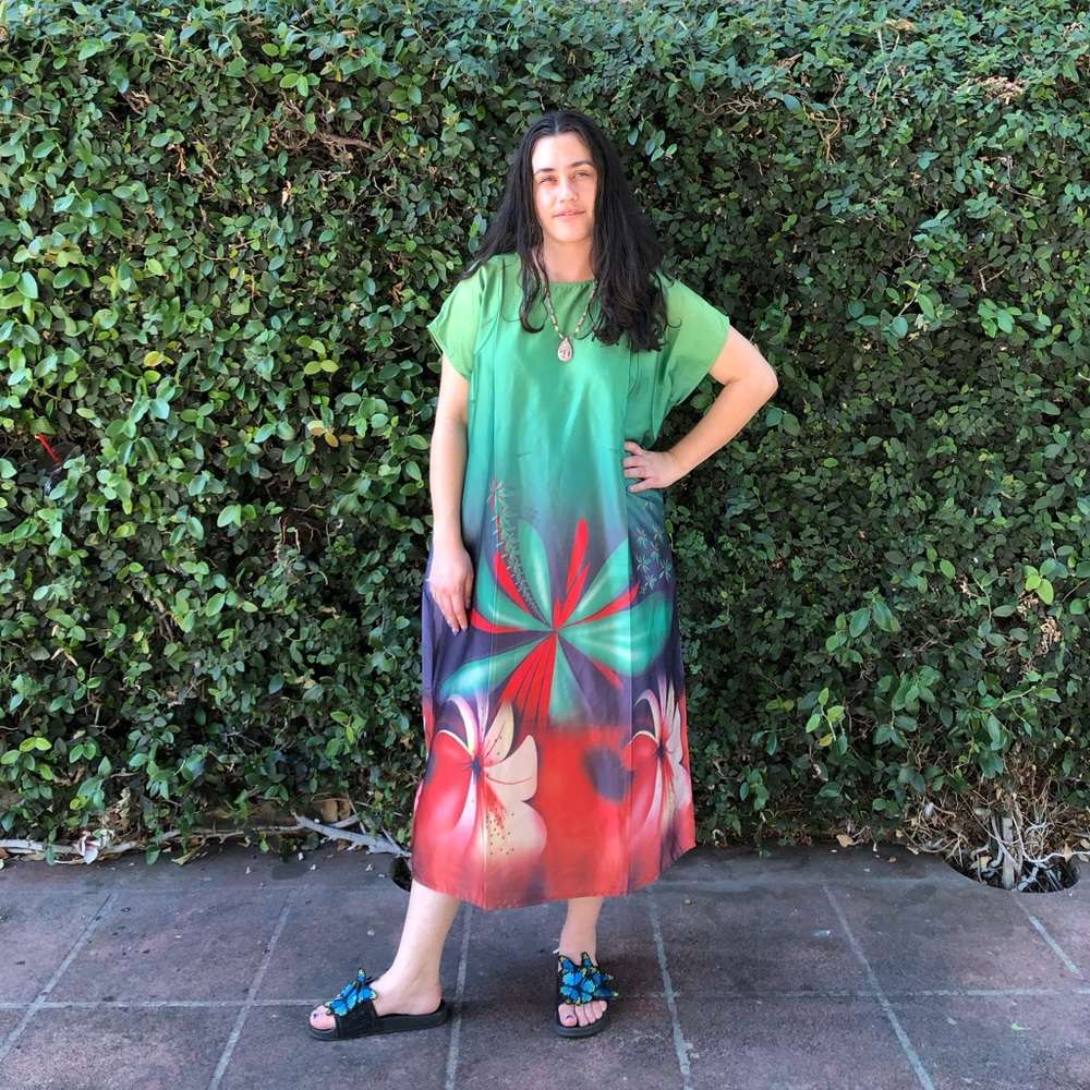 Green red flower silk maxi dress